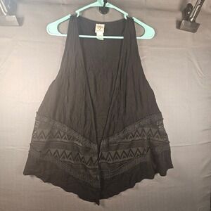 Self Esteem Black Crochet Lace Trim Open Front Vest Sleeveless Boho Top XL